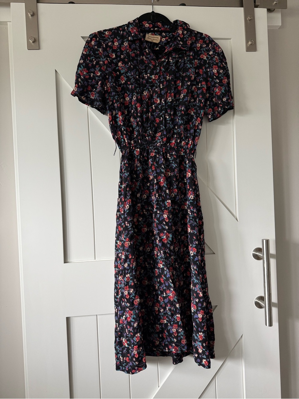 Floral Midi Dress in Navy with Red & Pink Blossoms